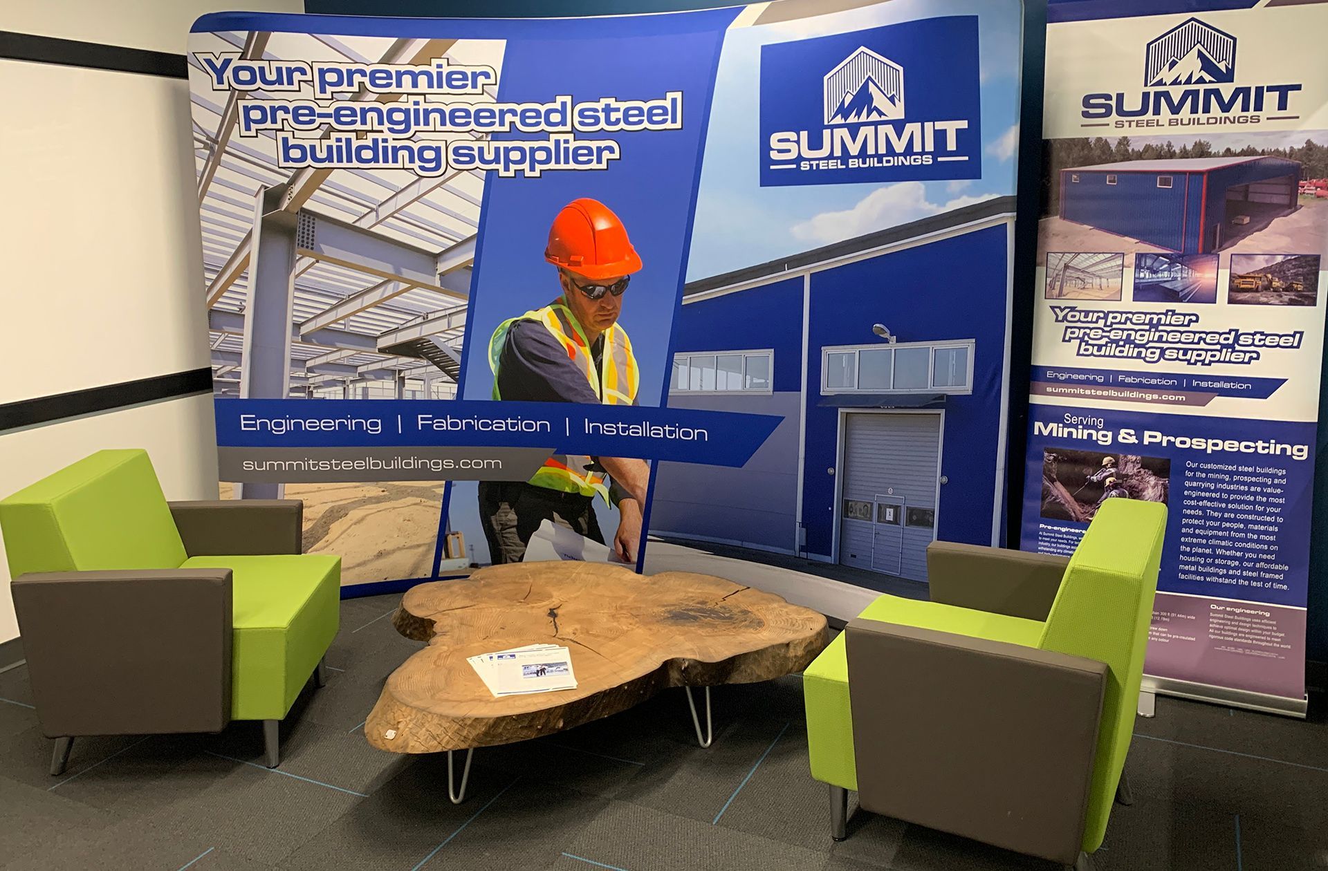 Summit Steel Buildings' new office features a nice client sitting area.