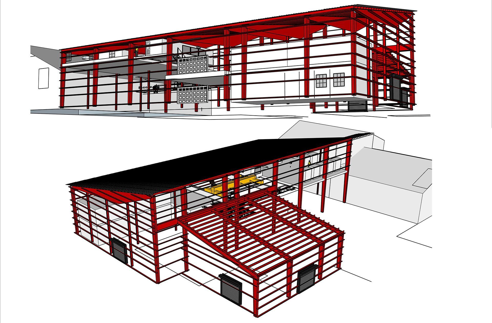 Illustration of the primary and secondary framing used in a lumber sawmill building.