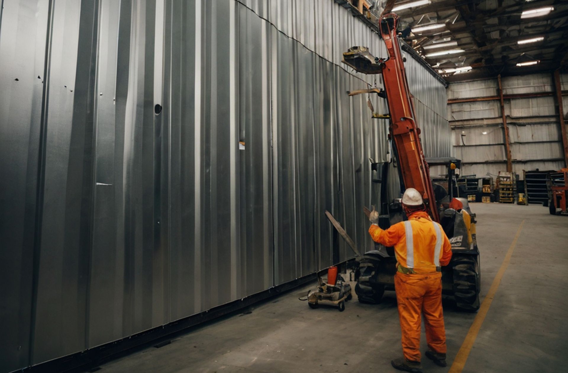 Metal wall systems are replaced on an older warehouse building.