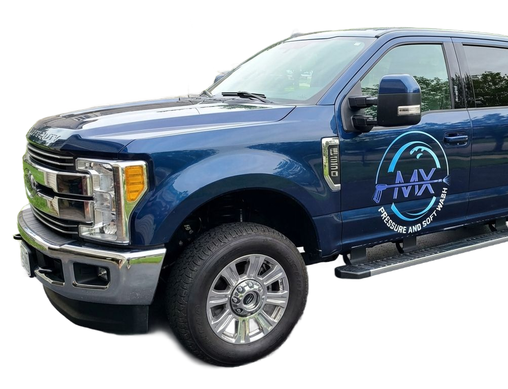 Blue pickup truck with company logo on the side; chrome accents.