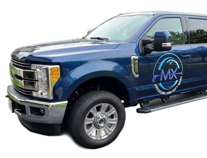 Blue pickup truck with company logo on the side; chrome accents.