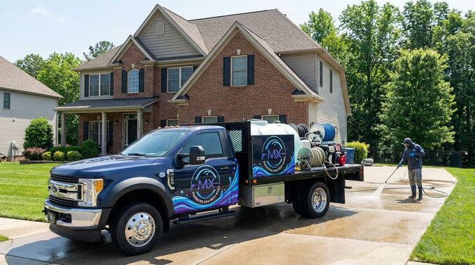 A blue work truck washing a driveway in front of a two-story house; a worker sprays the concrete.