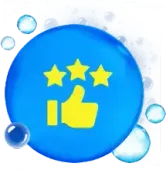 Blue circle with yellow thumbs up and three stars; surrounded by bubbles.