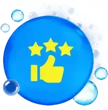 Blue circle with yellow thumbs up and three stars; surrounded by bubbles.