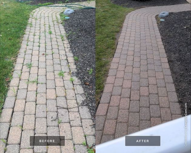 Before and after of a brick pathway, showing weed removal and cleaning.