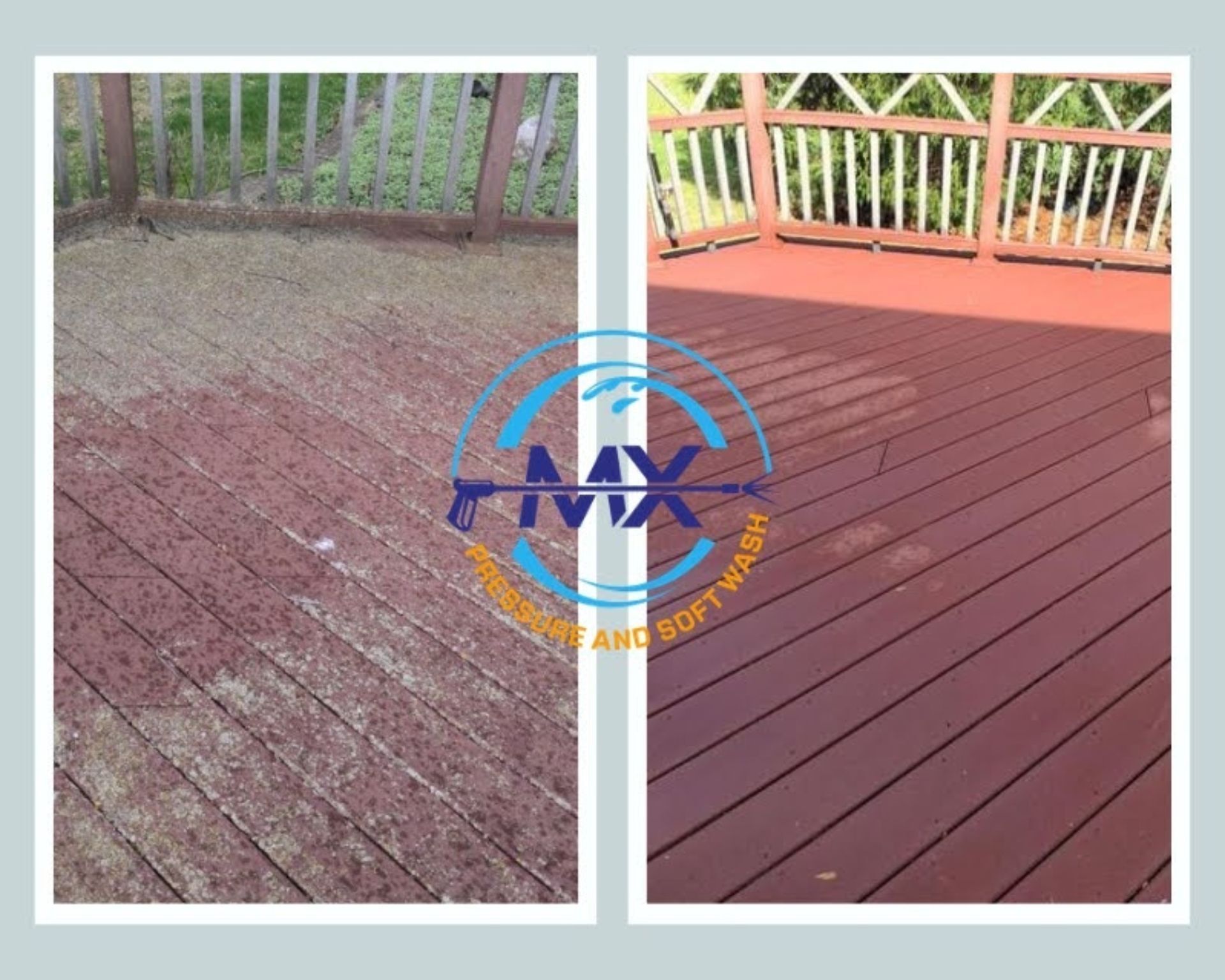 Before and after of a deck cleaning. The left side is dirty, the right side is clean.