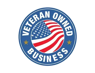A veteran owned business logo with an american flag in the center