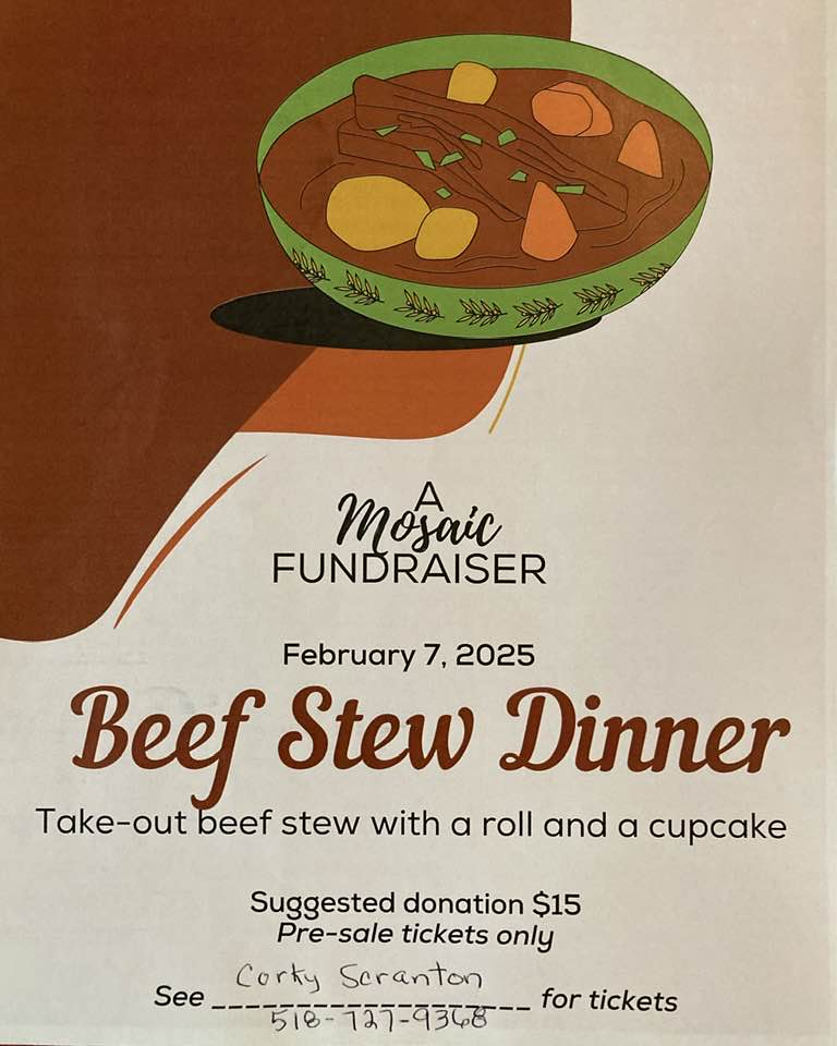 A poster for a beef stew dinner on february 7 2025