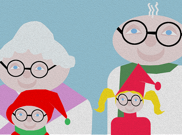 A cartoon drawing of an elderly couple and two children