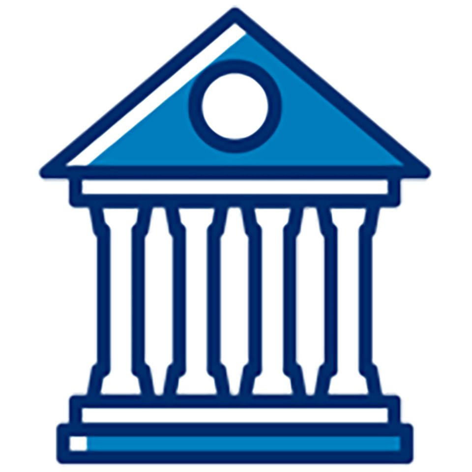A blue and white icon of a building with columns.