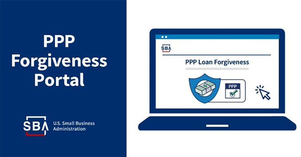 A laptop computer is open to the ppp forgiveness portal.
