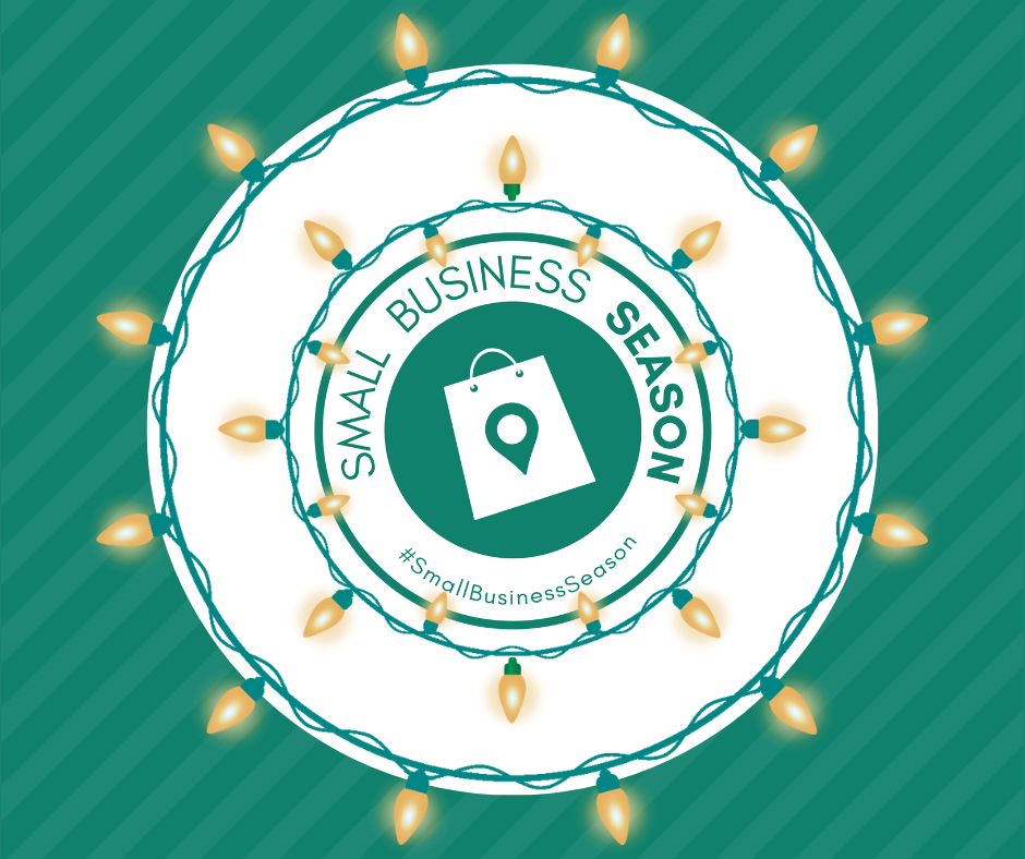 A small business season logo with christmas lights around it