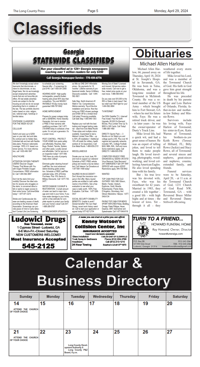 A page of a newspaper with a calendar and business directory on it.