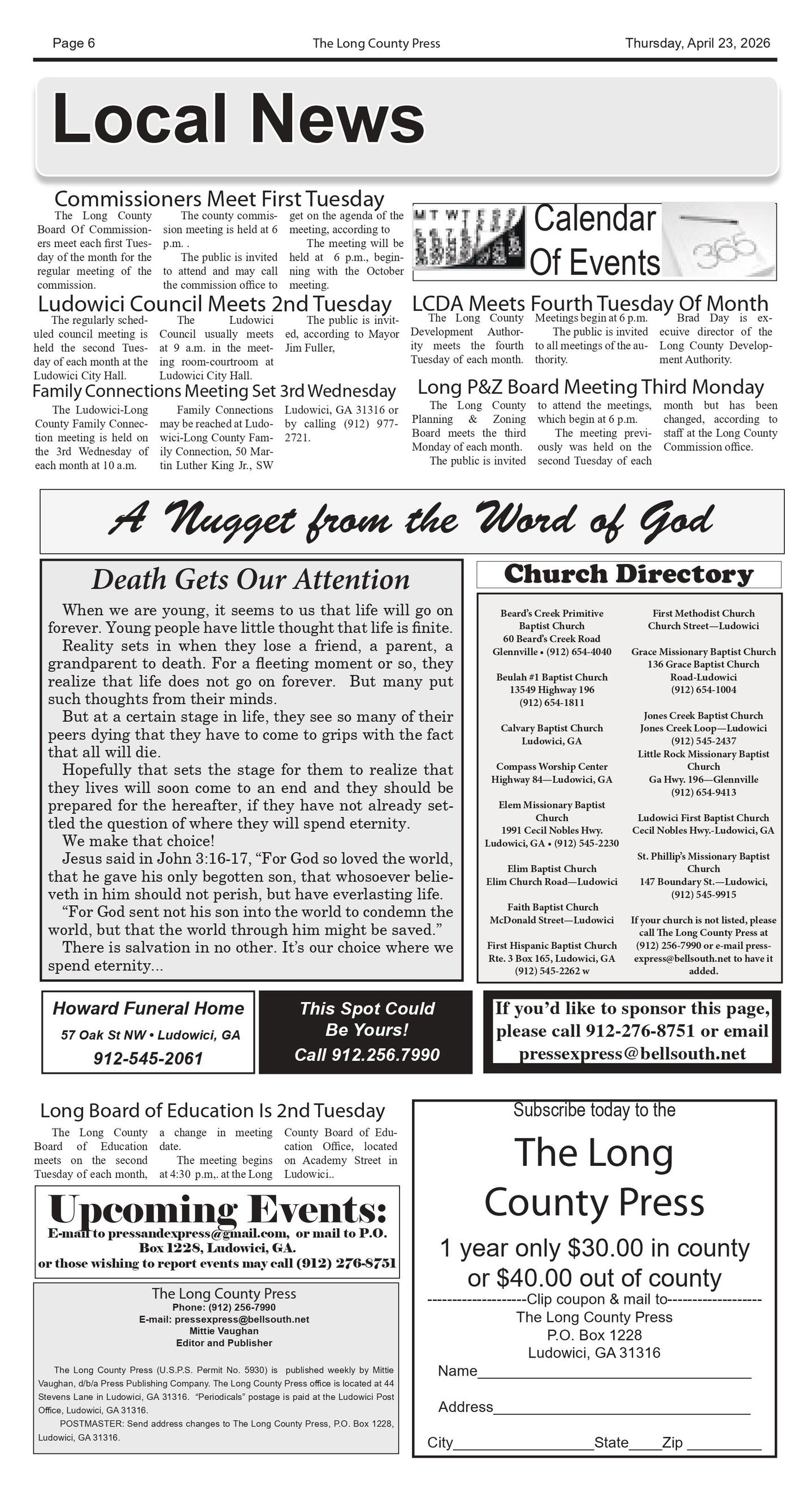 The front page of the long county press newspaper