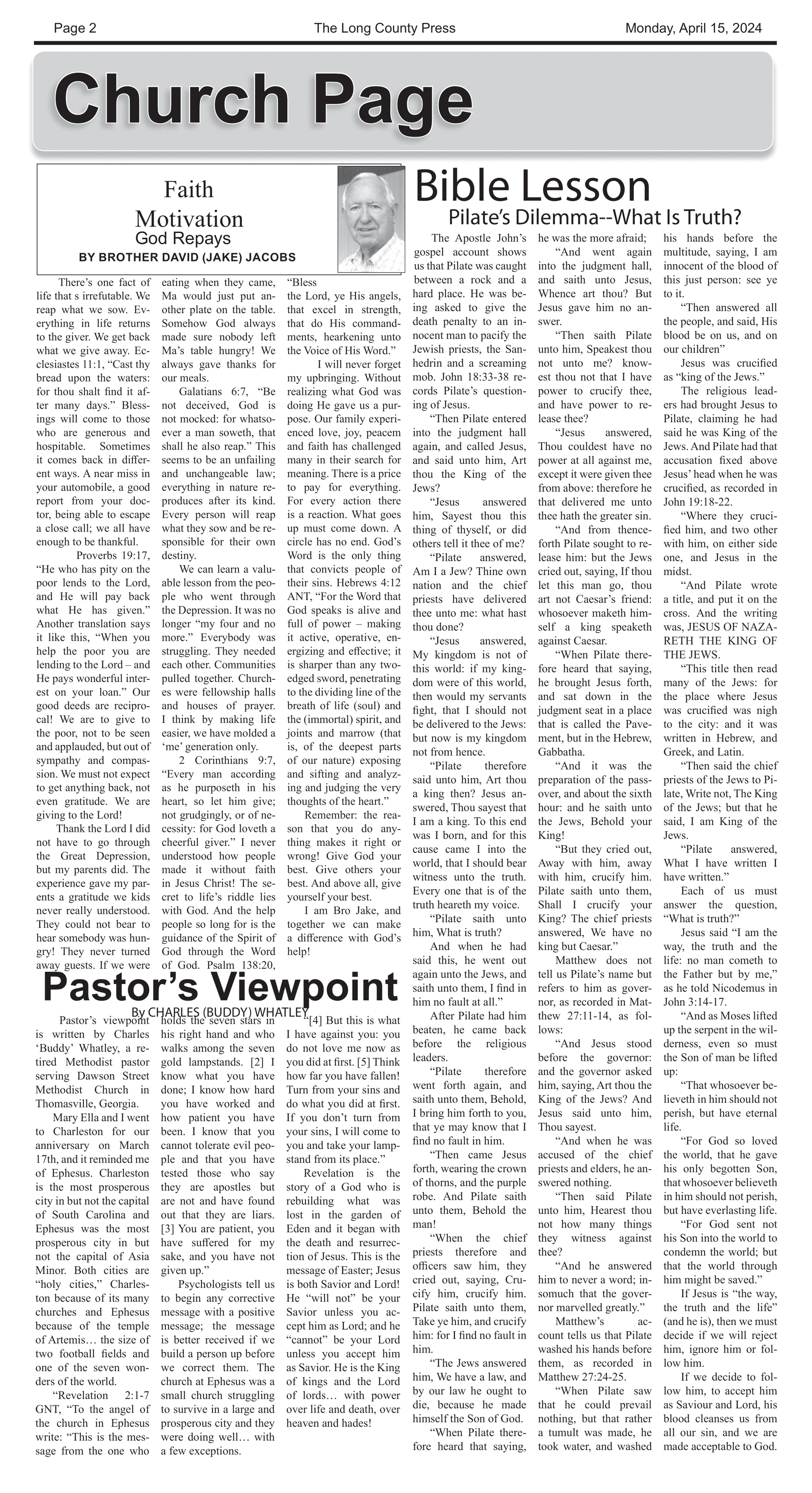 A newspaper article about pastor 's viewpoint is on the church page.