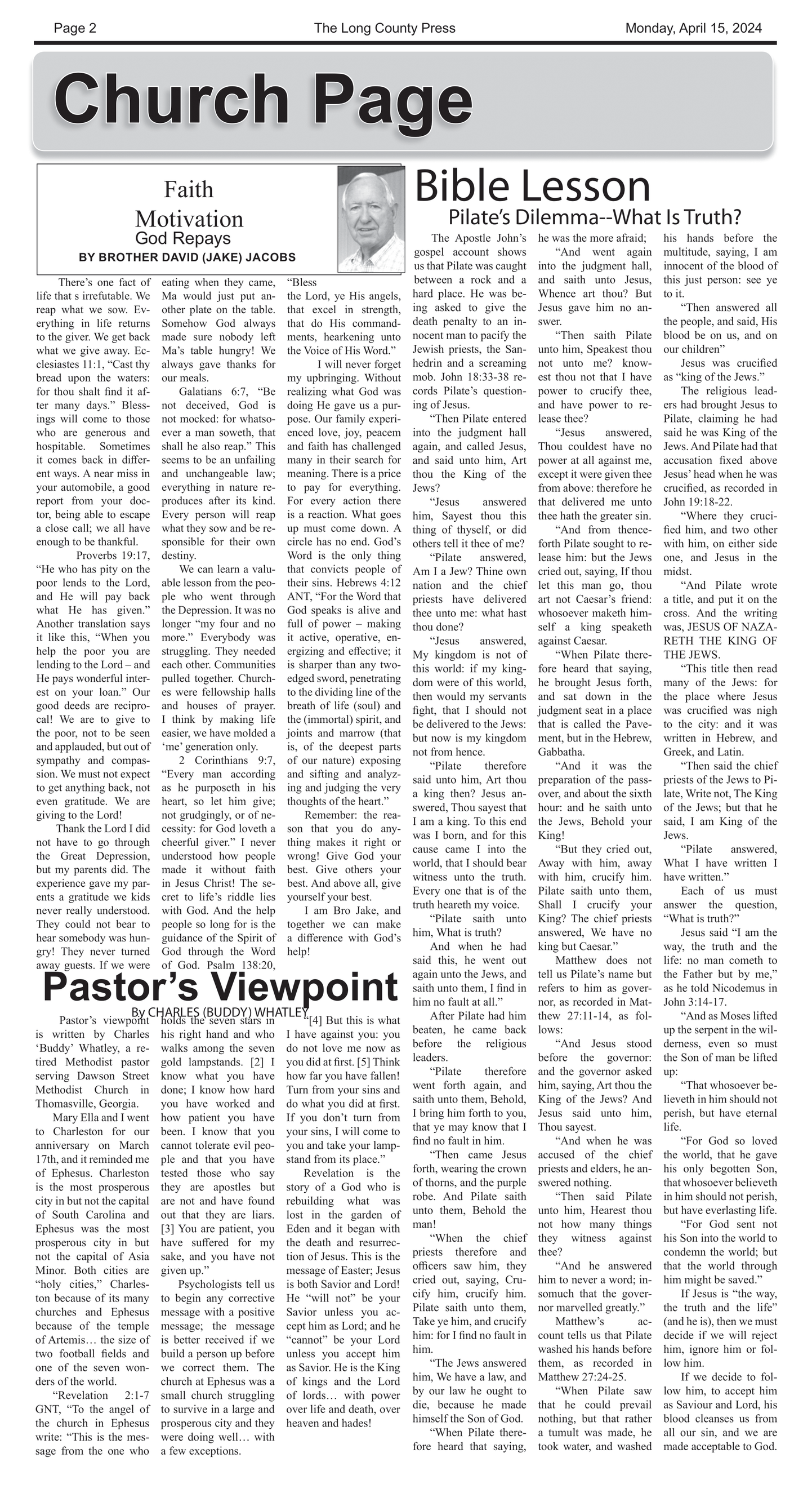 A newspaper article about pastor 's viewpoint is on the church page.