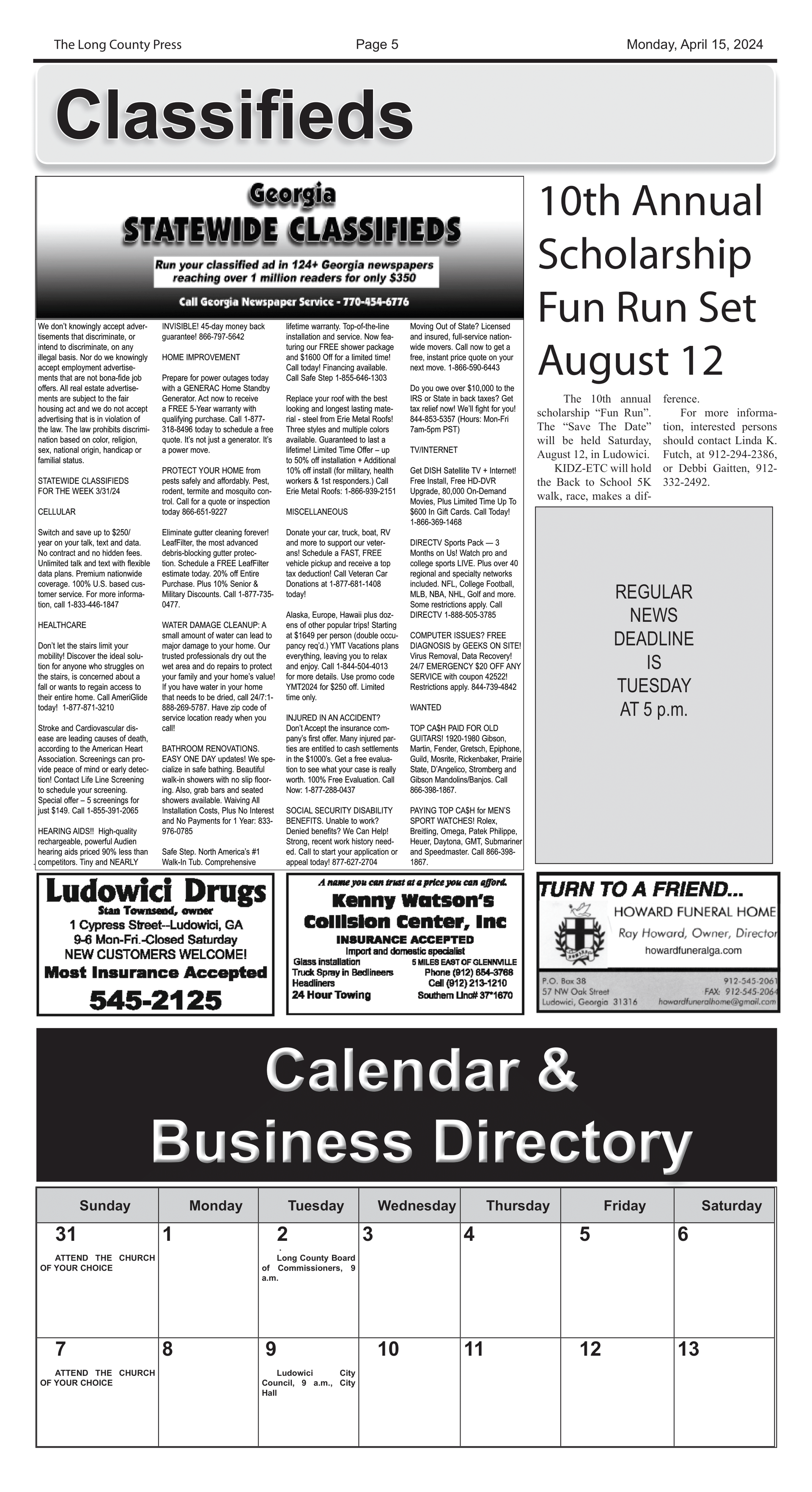 A newspaper with classifieds and a calendar and business directory