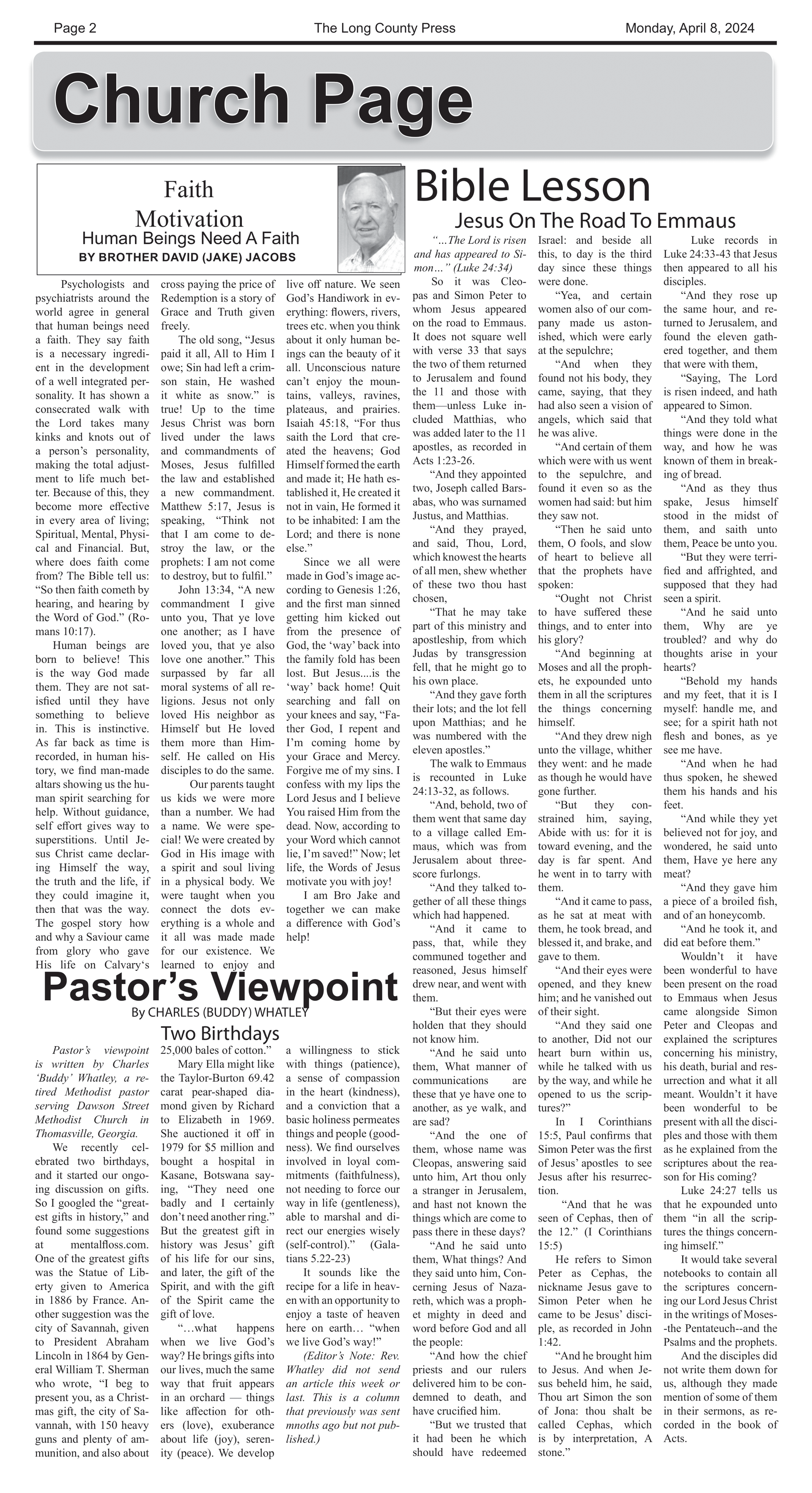 A black and white page of a newspaper titled church page.