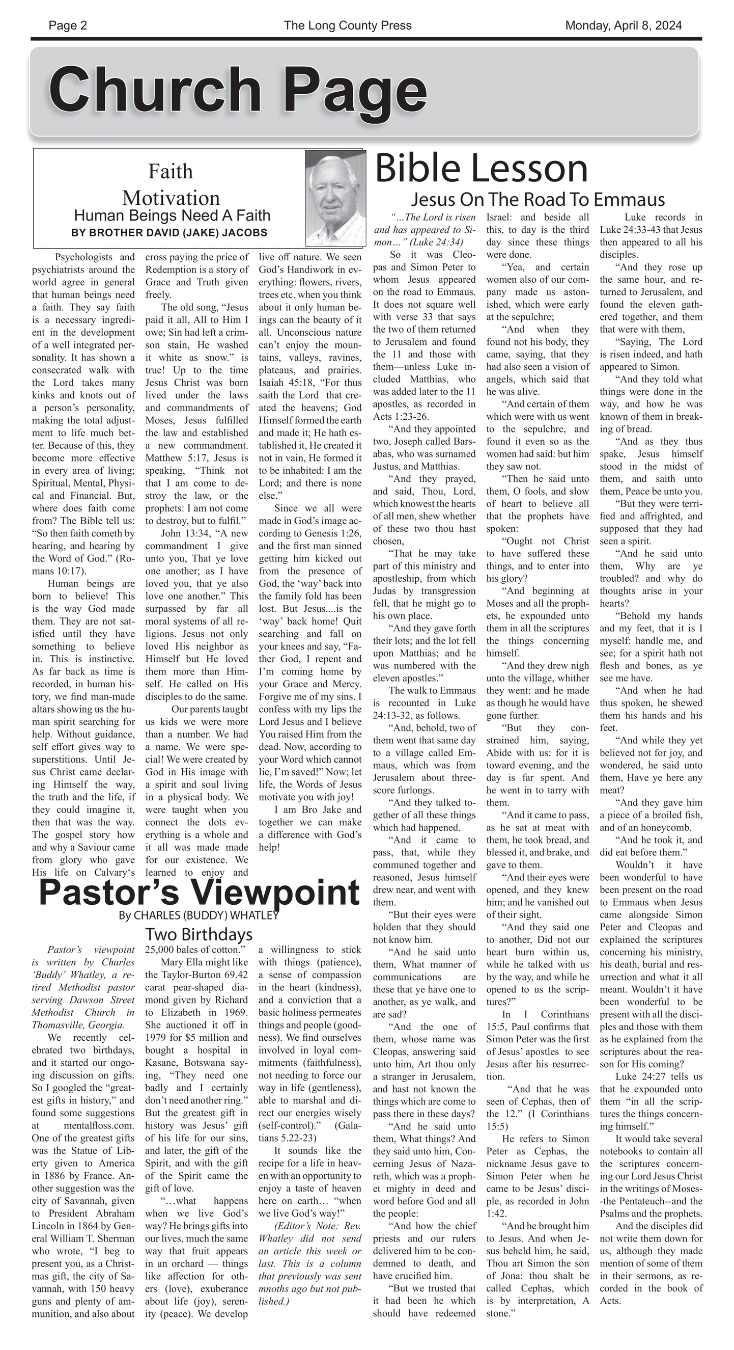 A black and white page of a newspaper titled church page.