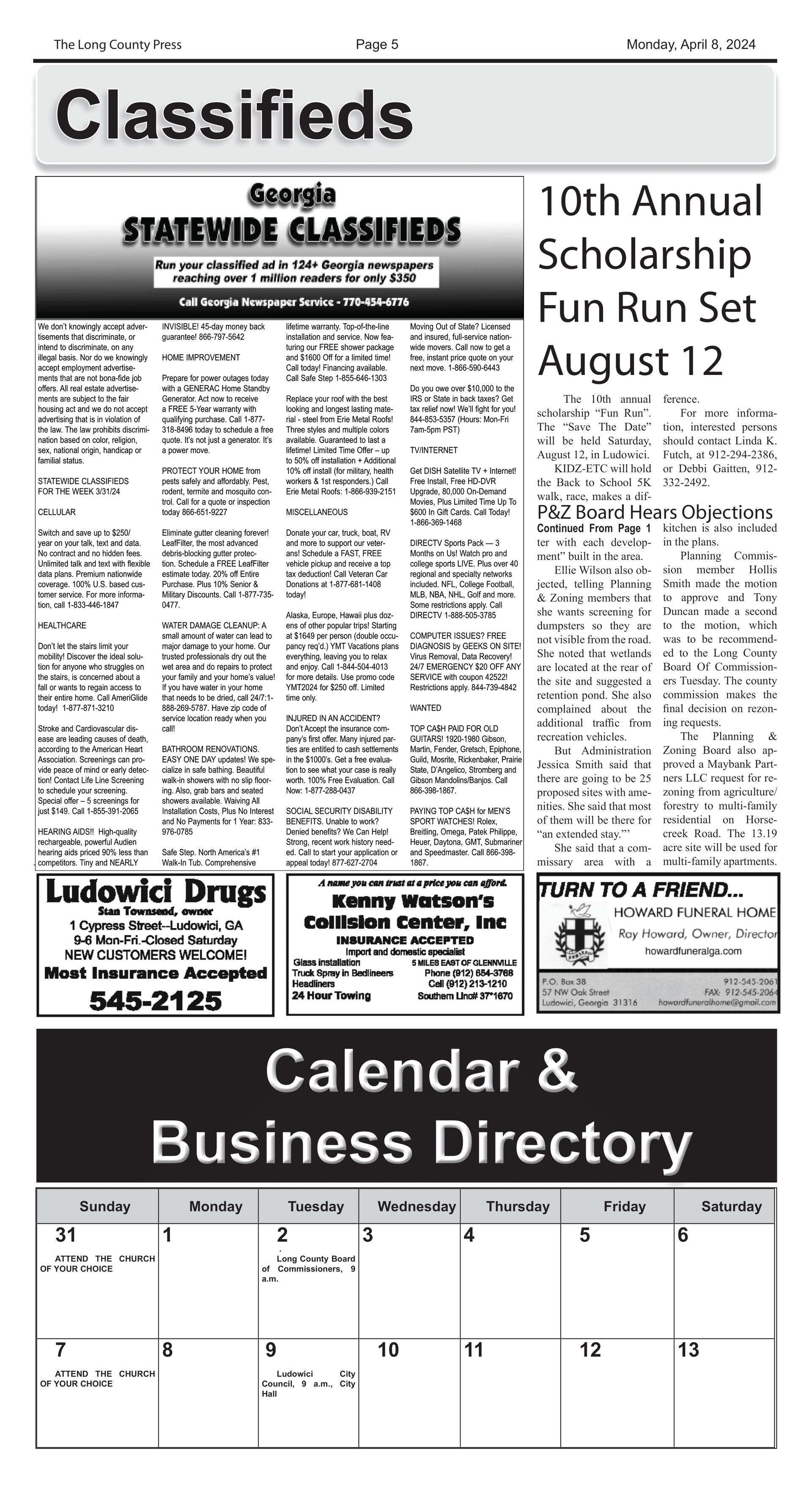 A newspaper with a calendar and business directory on it