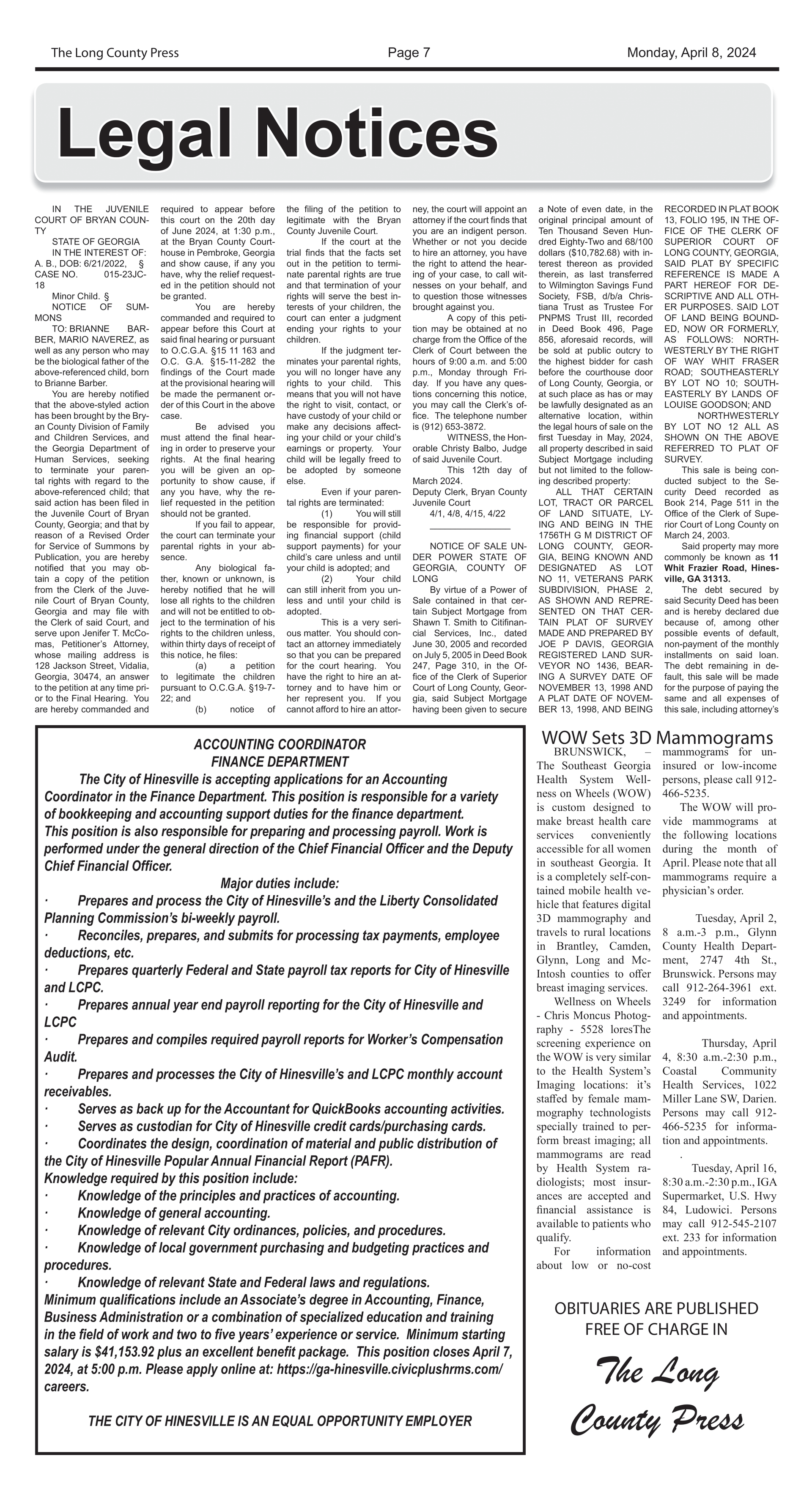 A page of a newspaper with the words legal notices on it.
