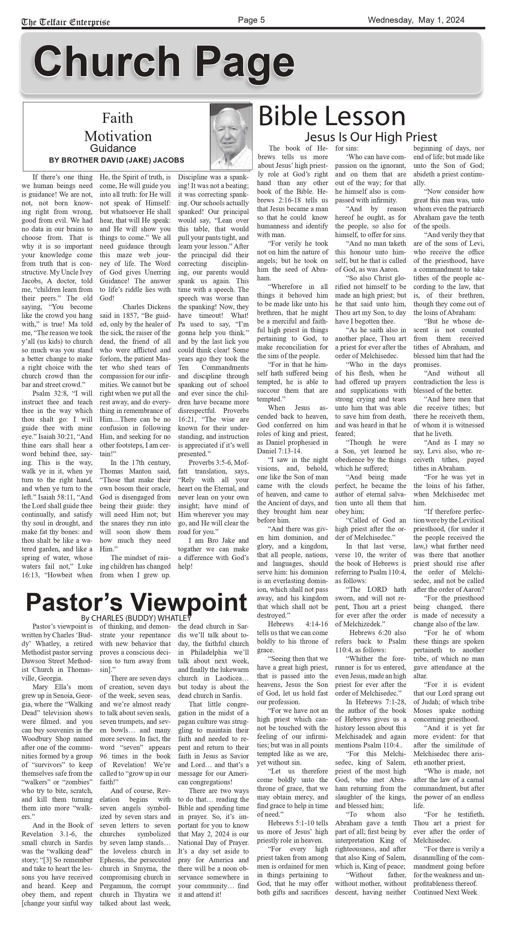 A church page with a bible lesson and pastor 's viewpoint