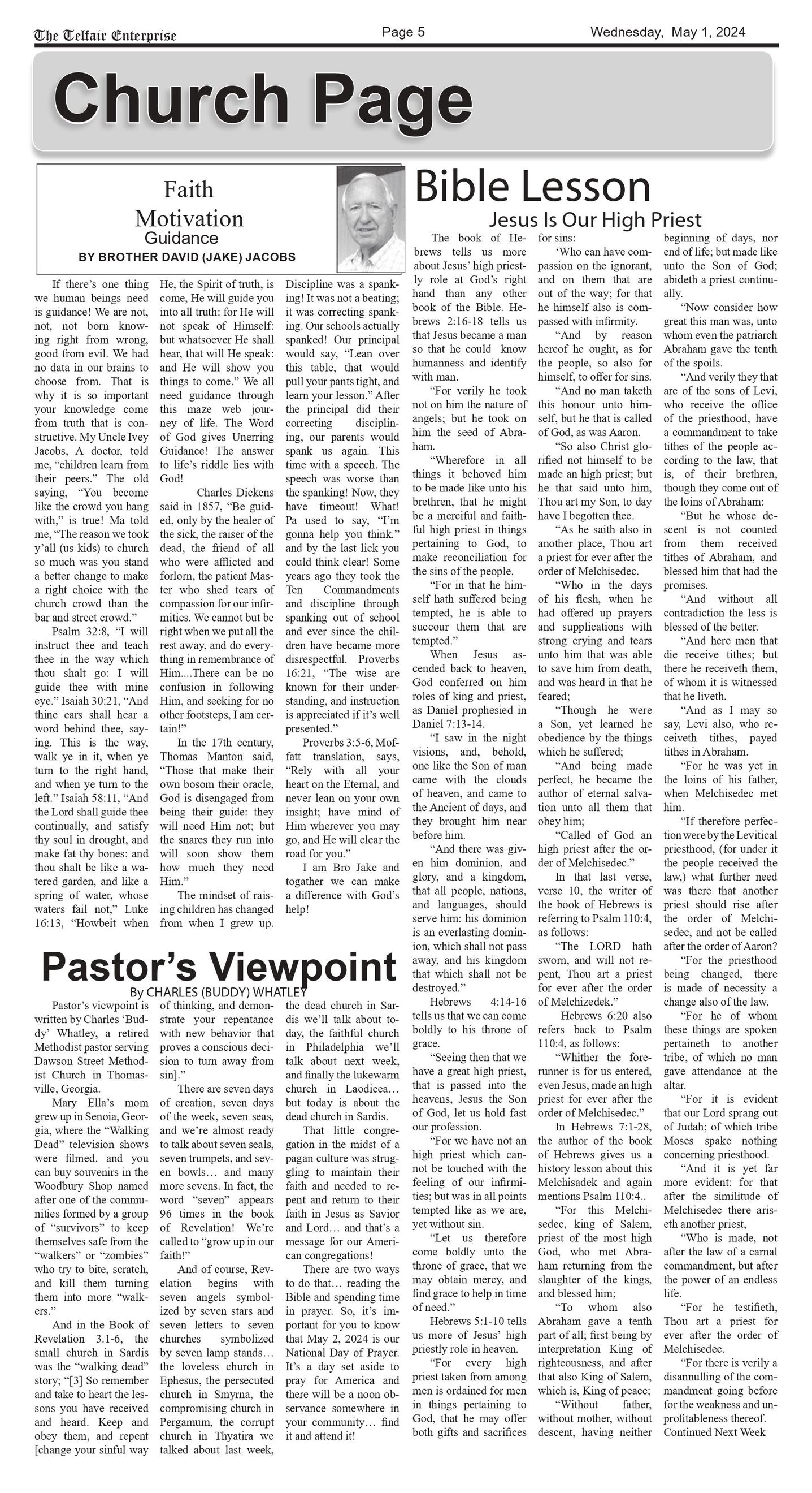 A church page with a bible lesson and pastor 's viewpoint