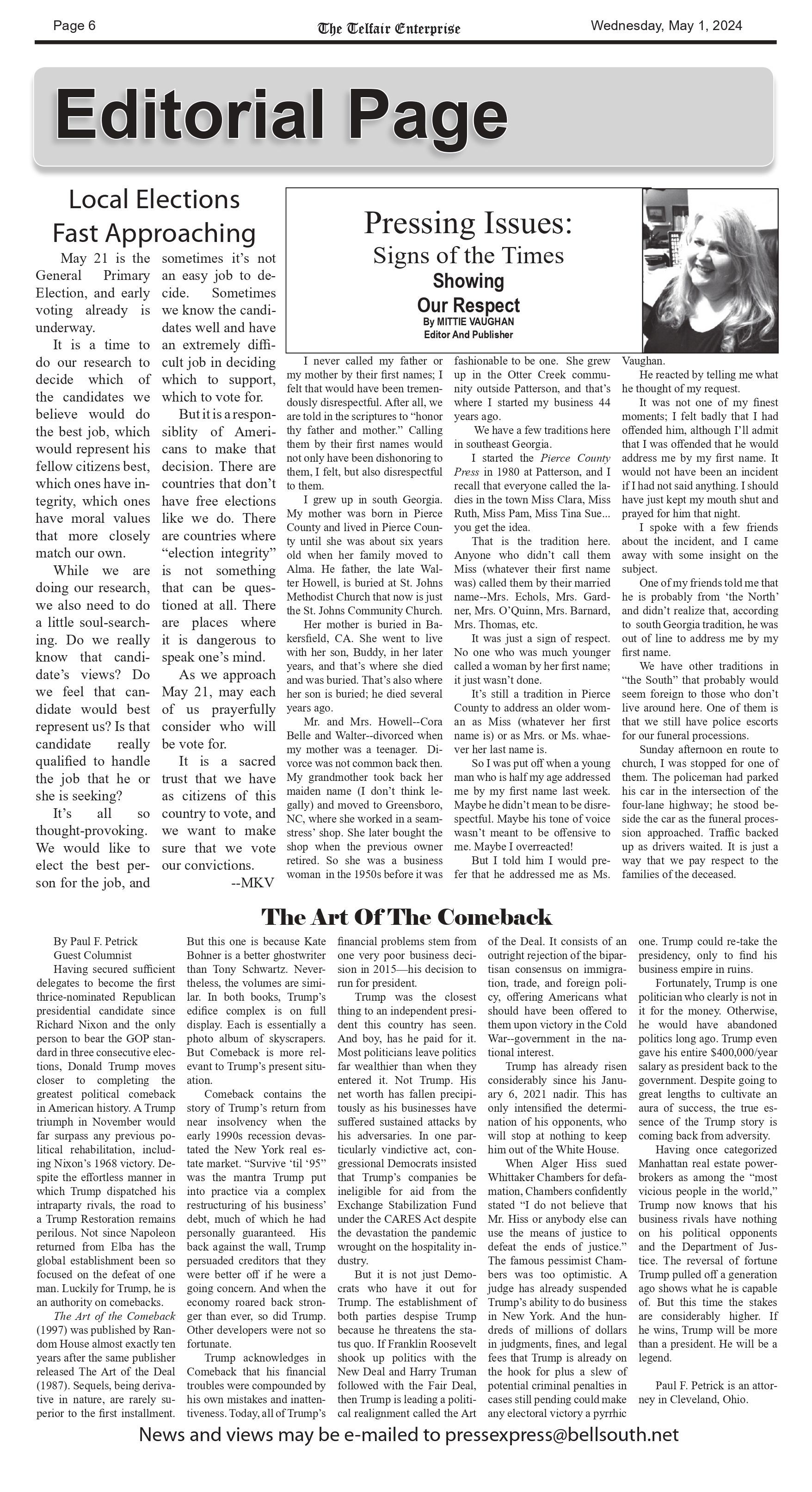 A page of a newspaper with the title editorial page