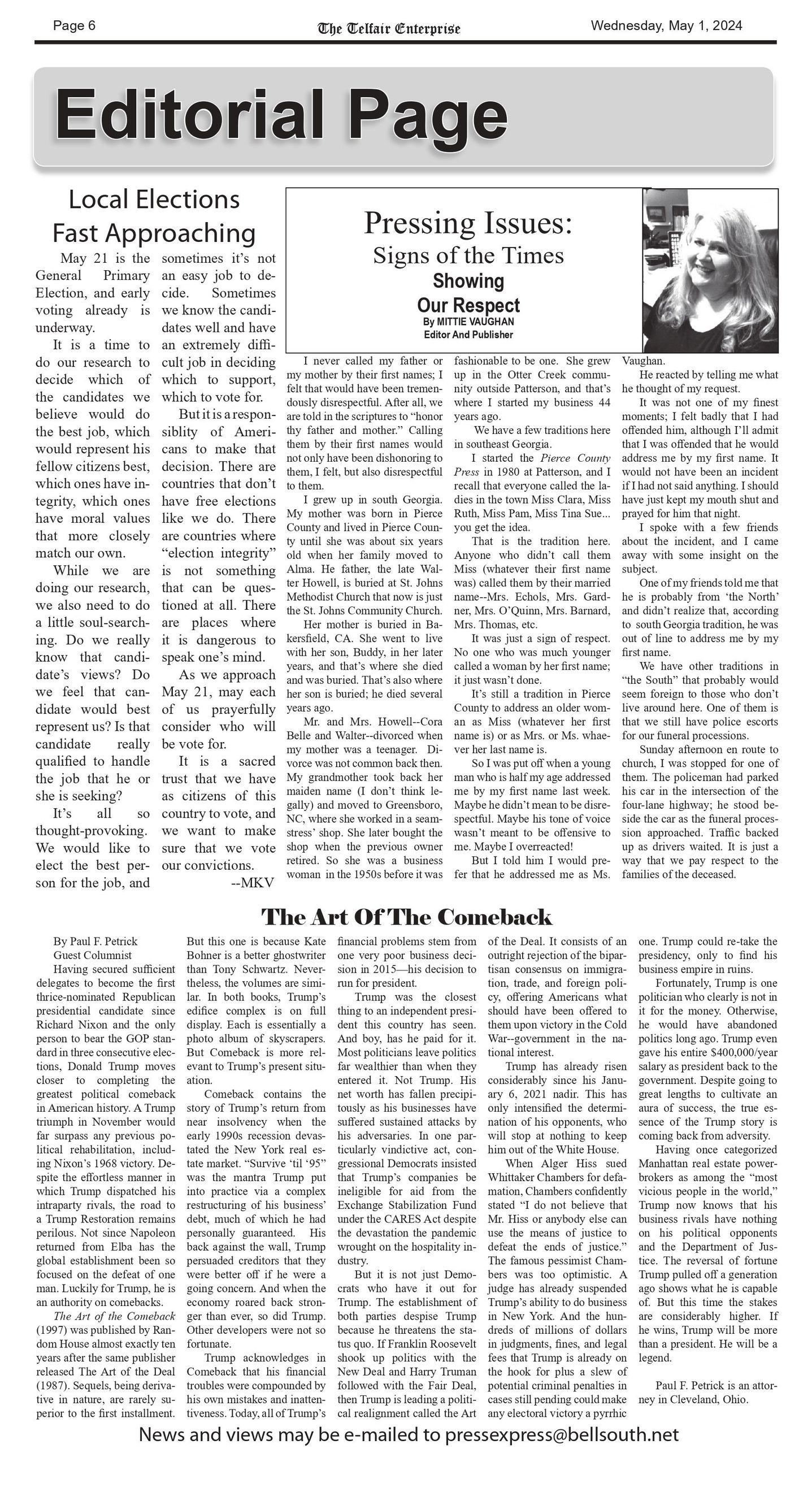 A page of a newspaper with the title editorial page