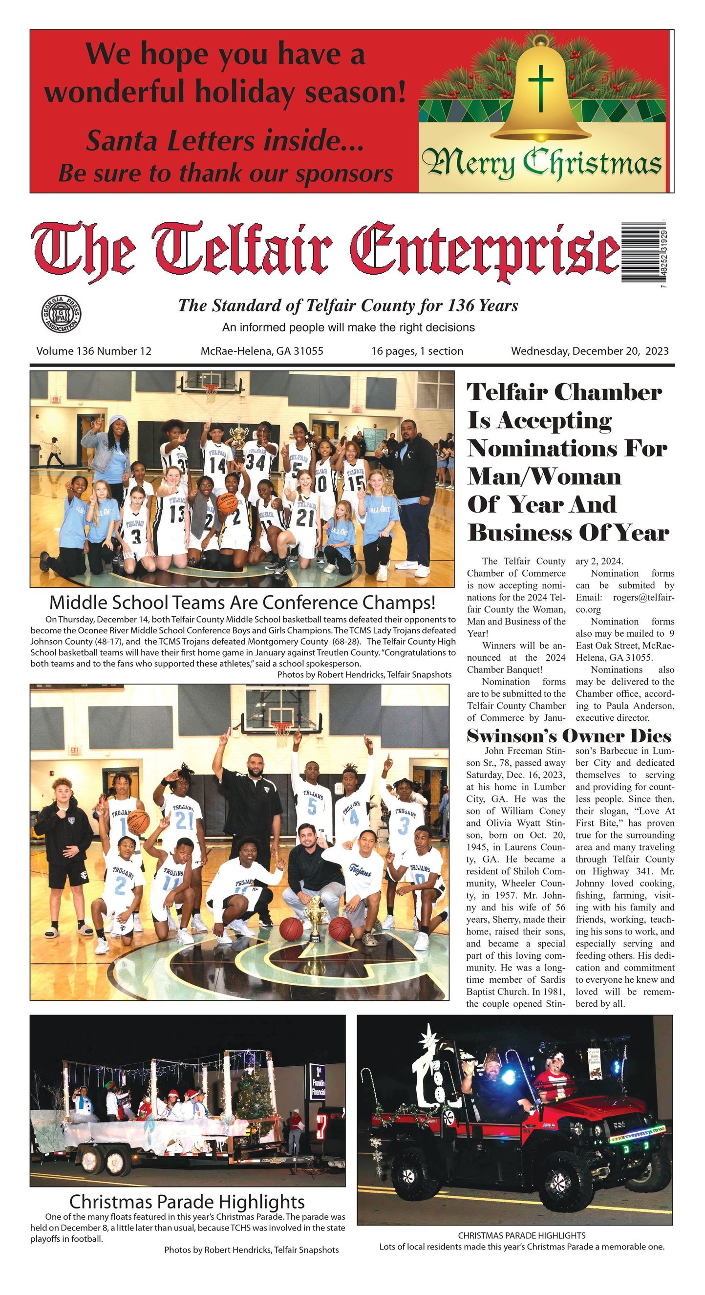 Telfair Enterprise December 20 2023 front page 