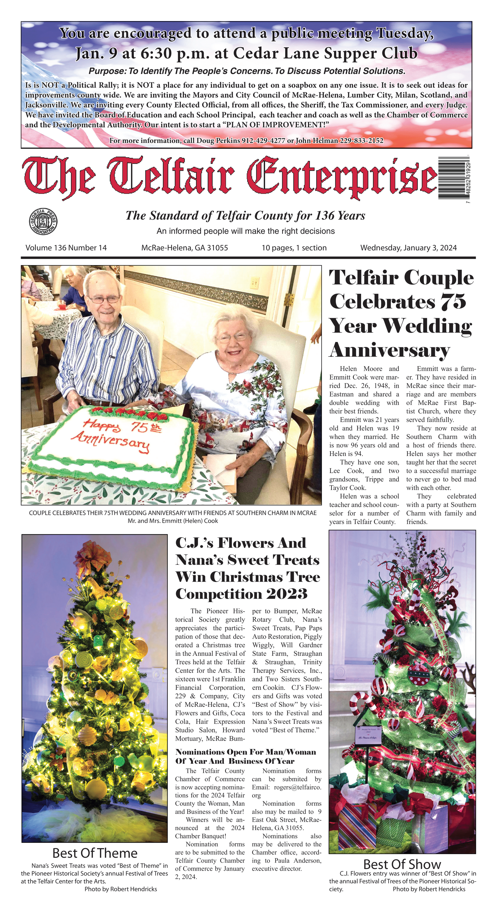 A newspaper with a picture of a man and woman holding a cake and a christmas tree on the front page.