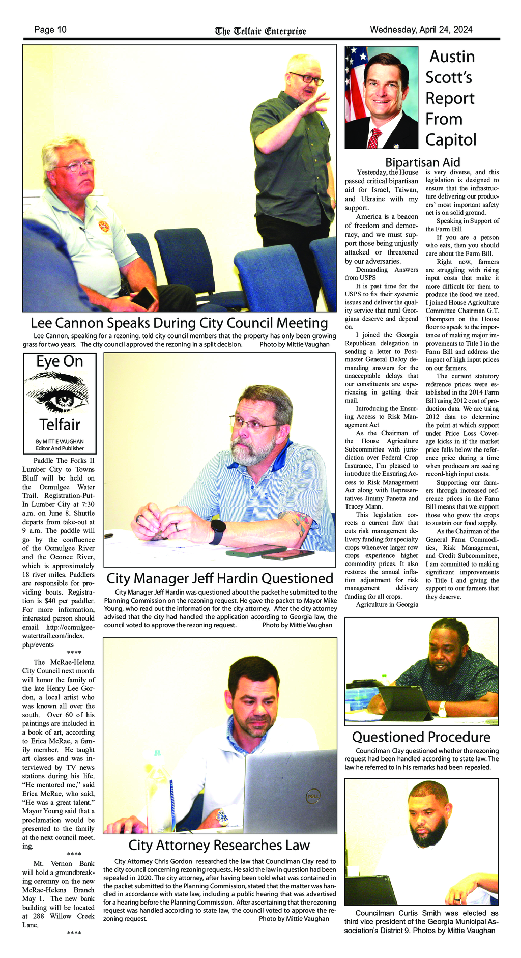 A newspaper article with a picture of a man sitting at a table.