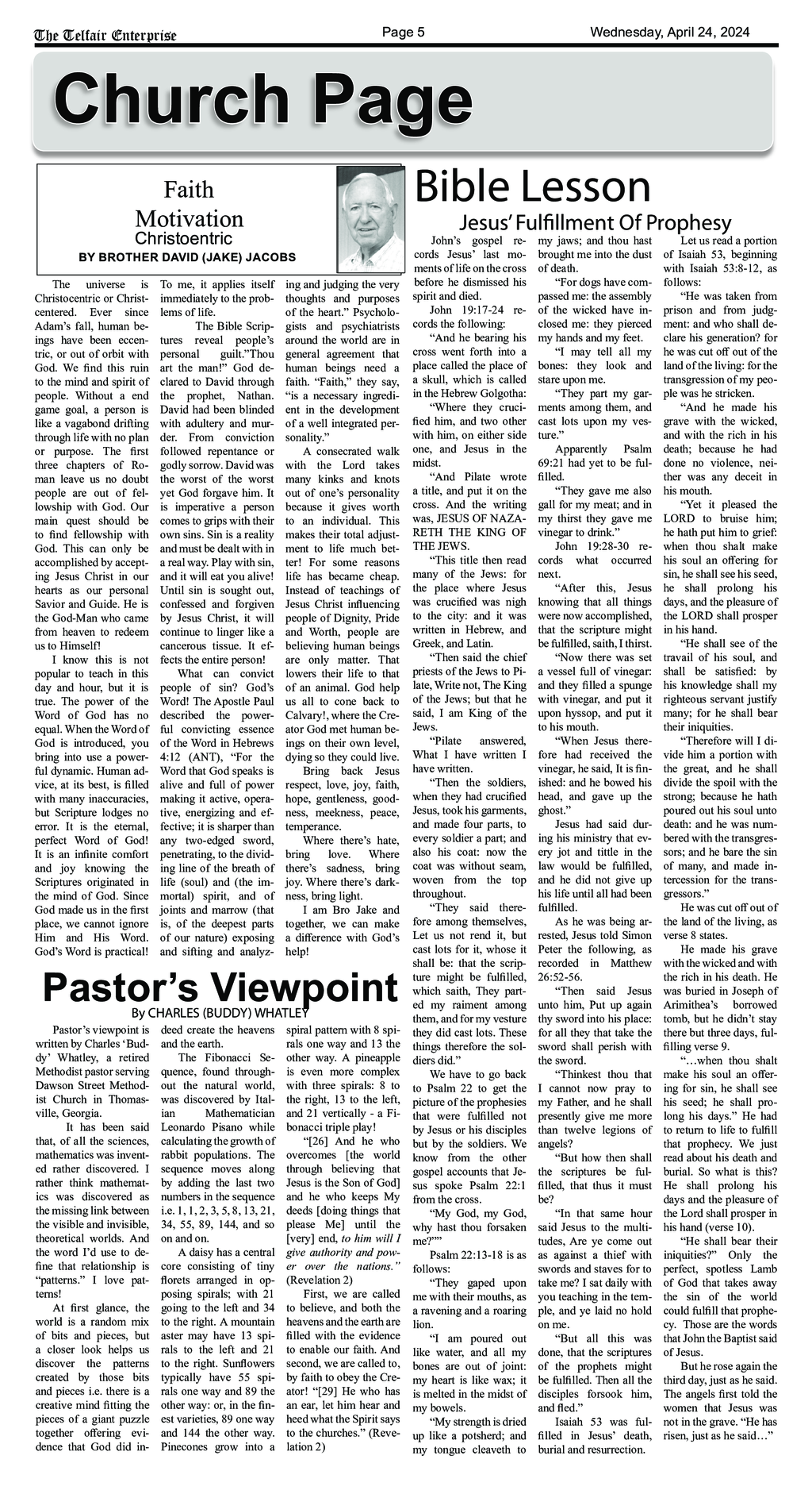 A newspaper article about a bible lesson and pastor 's viewpoint.