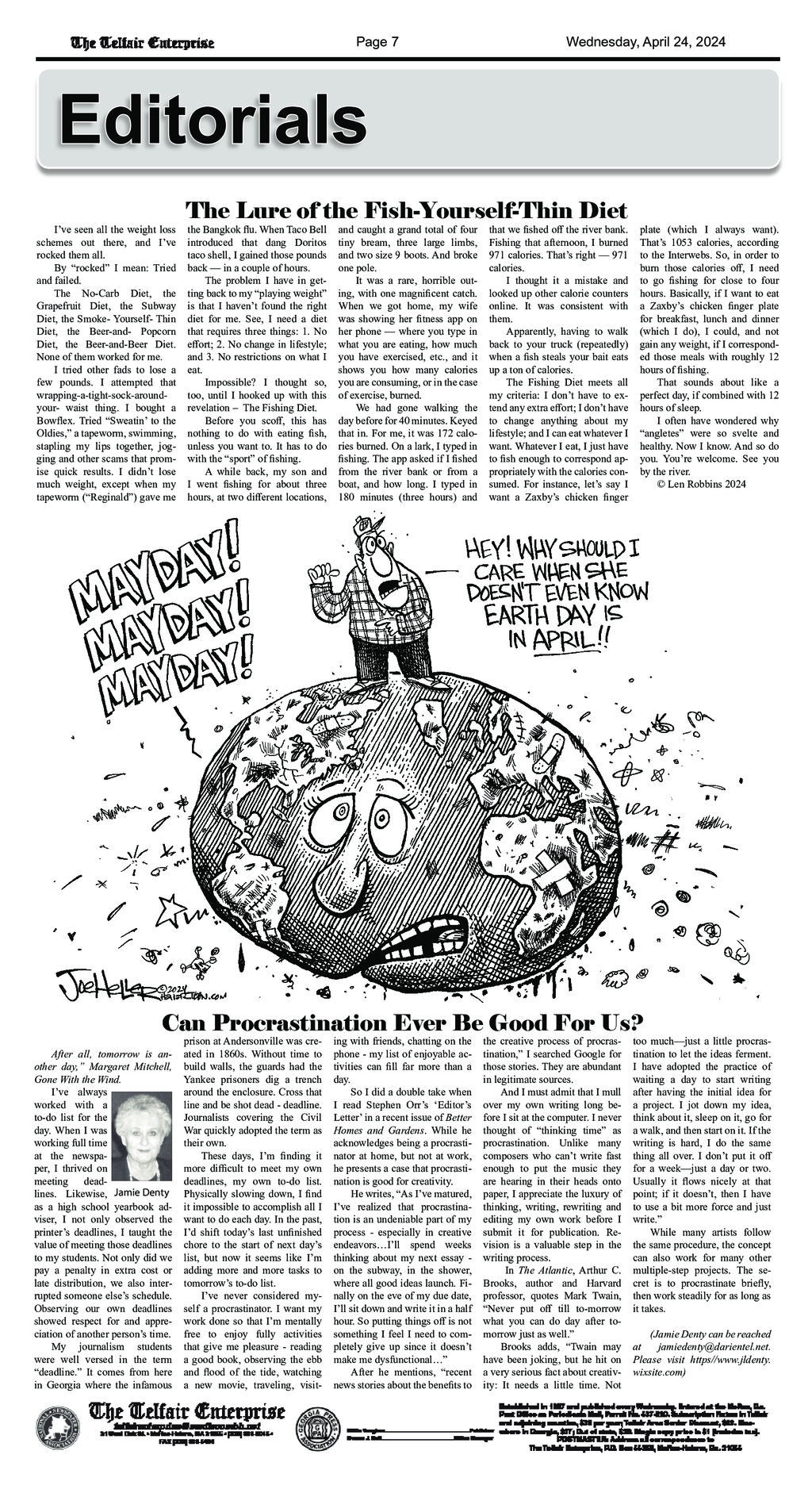 A newspaper article with a cartoon of a man standing on top of a globe.