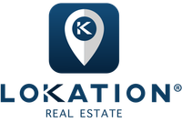 Logo for Lokation Real Estate: Blue and white map pin with a "K" inside, above the text "LOKATION" and "REAL ESTATE."