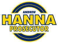 A yellow and blue logo for andrew hanna prosecutor