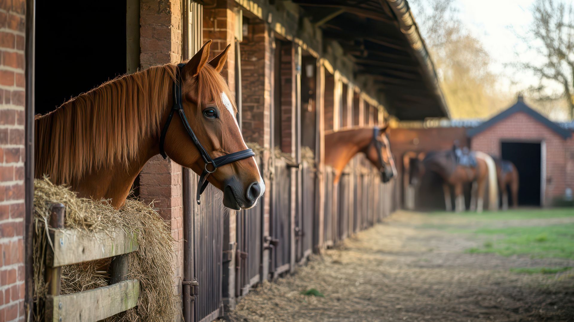 A group of horses are standing in a stable eating hay.