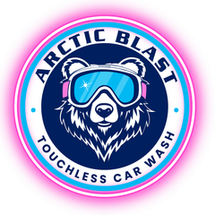 A logo for arctic blast touchless car wash with a bear wearing goggles