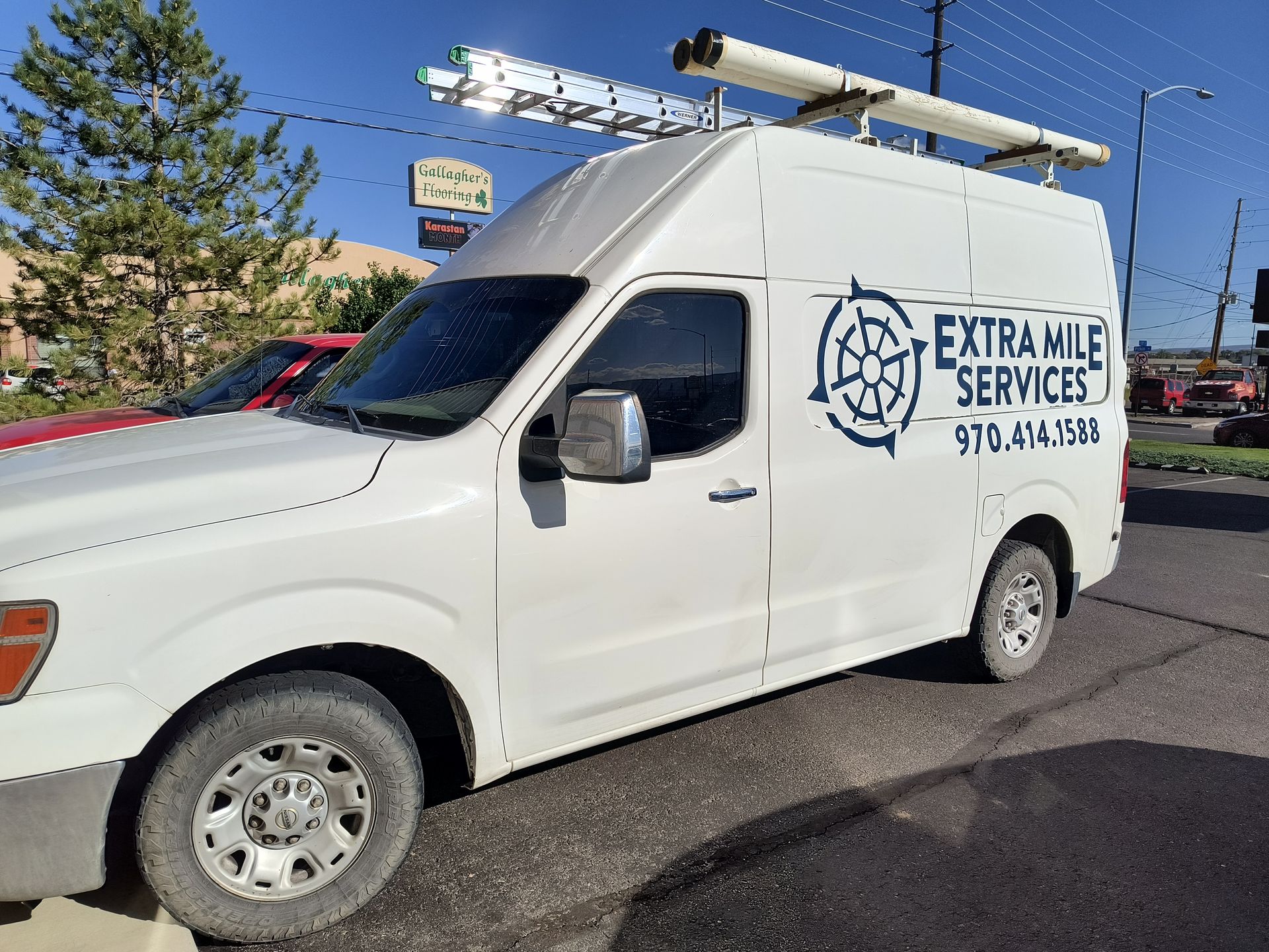 The logo'd truck for Extra Mile Services, based in Parachute, CO