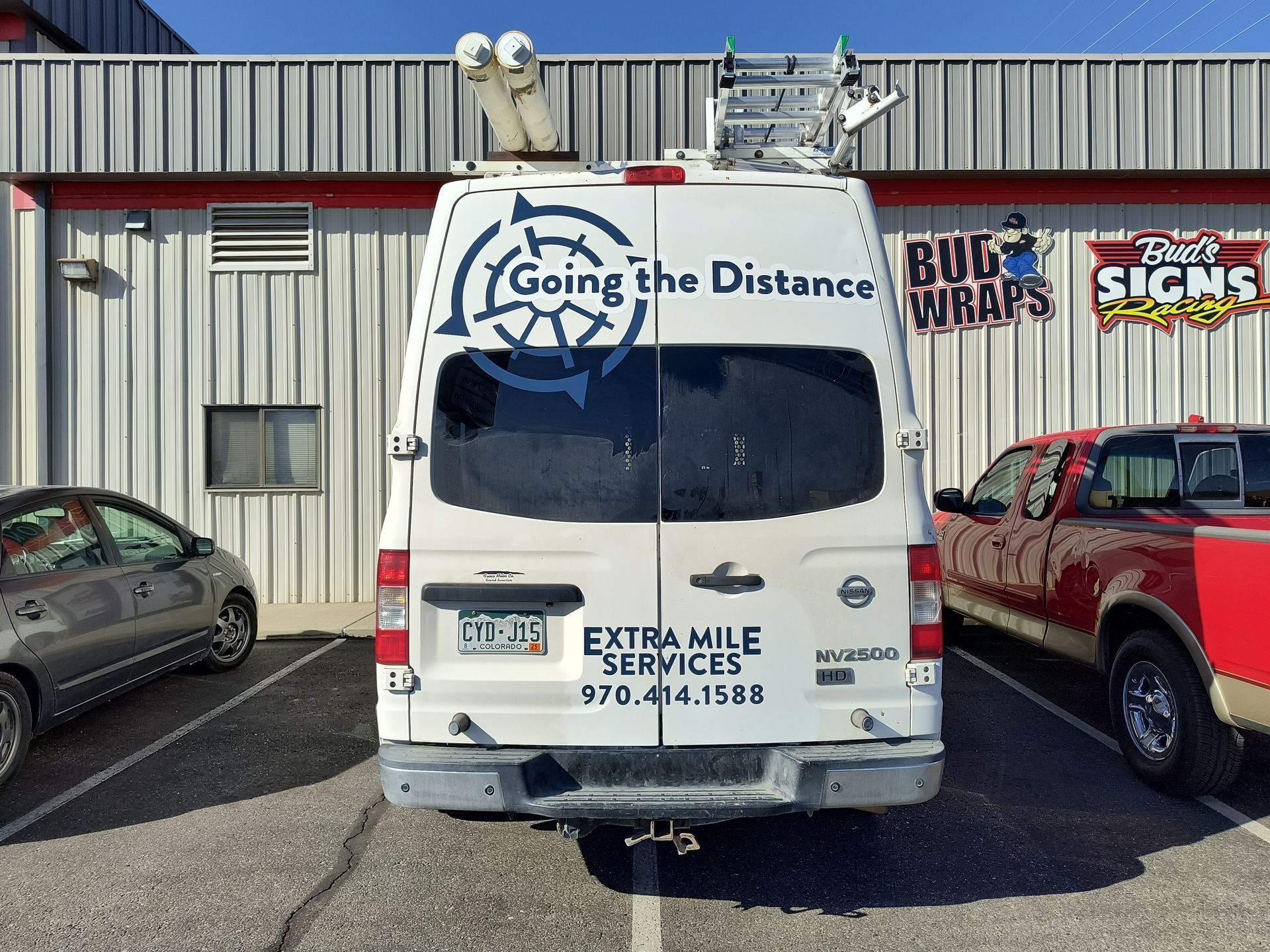 The logo'd truck for Extra Mile Services, based in Parachute, CO