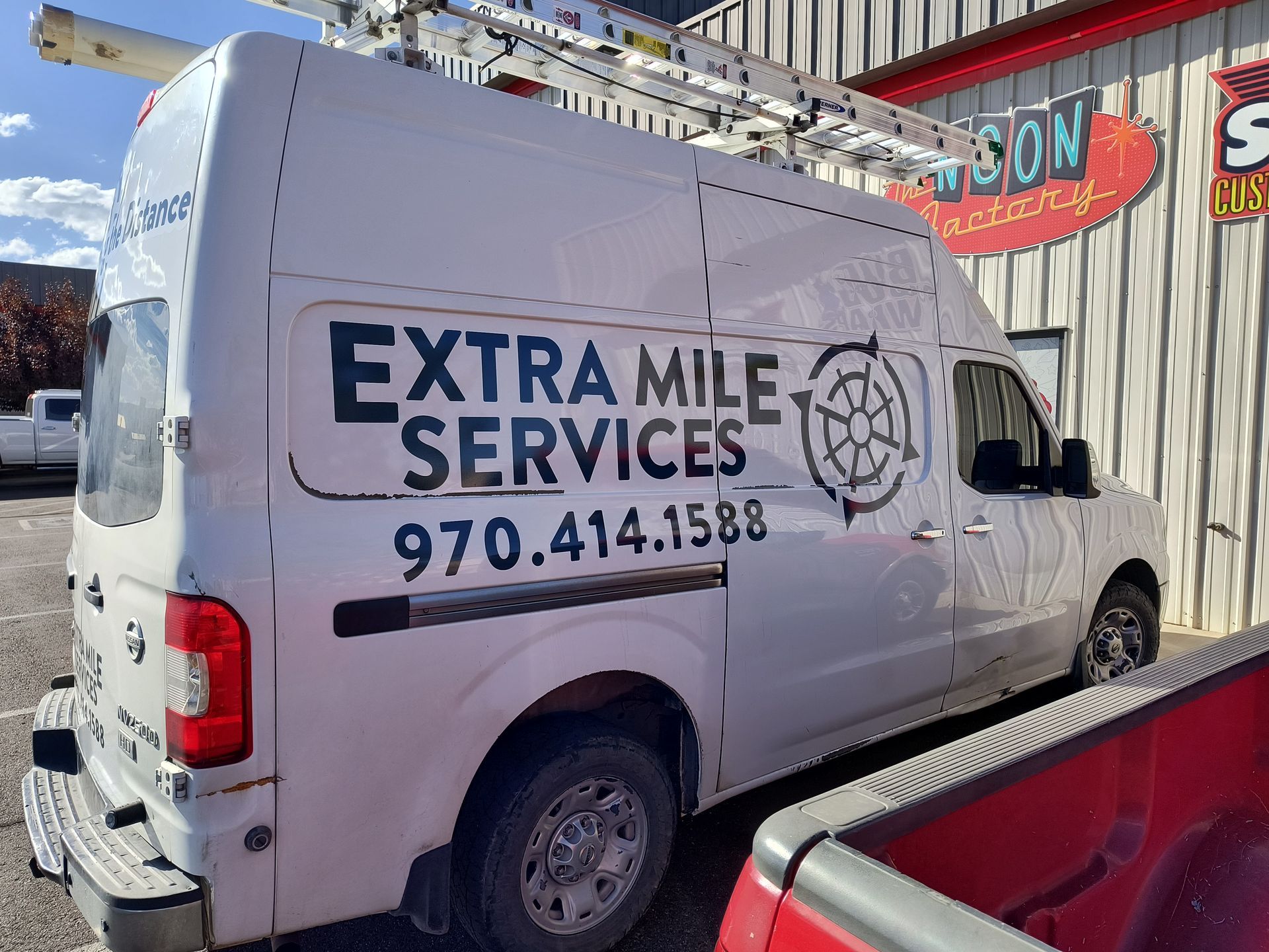 The logo'd truck for Extra Mile Services, based in Parachute, CO