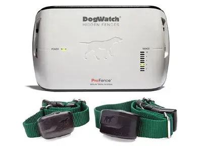 A dog watch hidden fence with two green collars