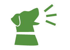 A green silhouette of a dog with its mouth open.