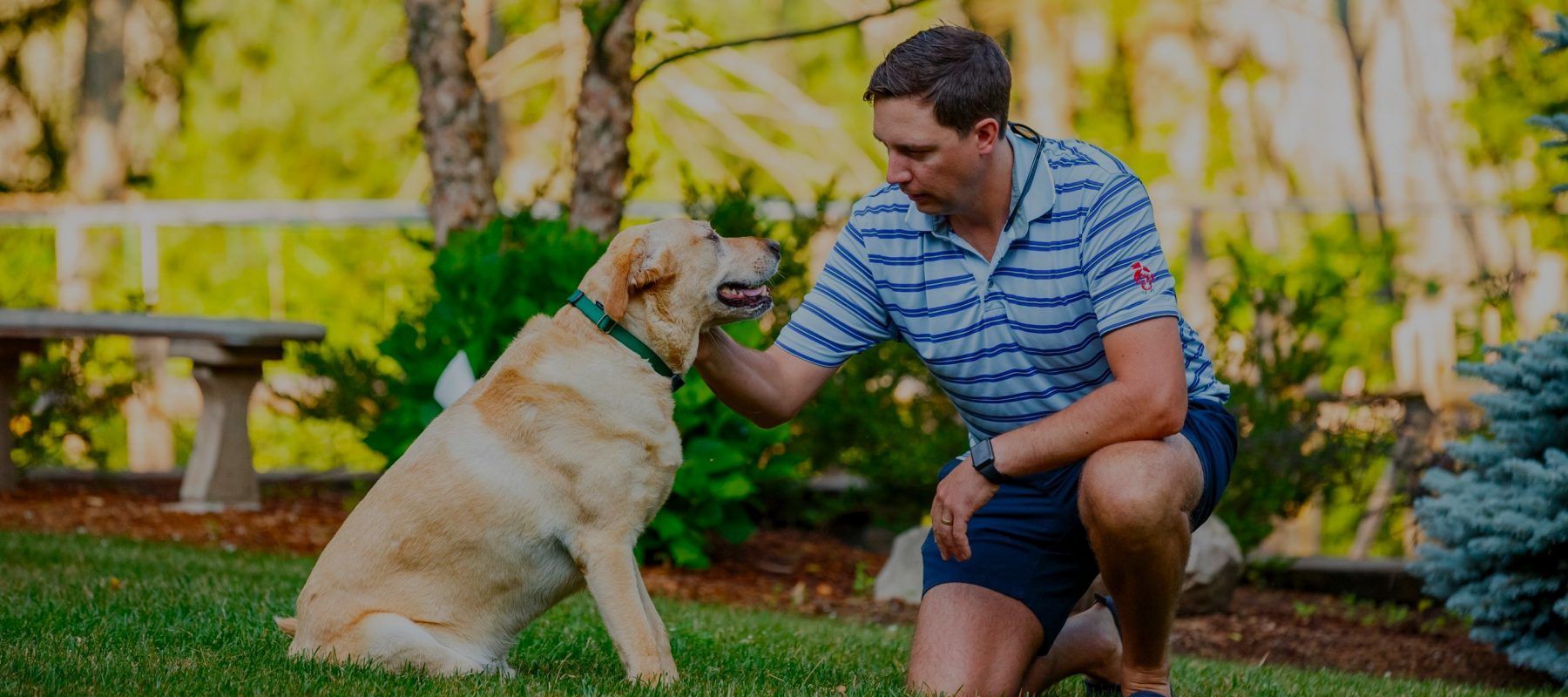 A man is kneeling down next to a dog in the grass.