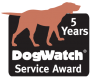 The dogwatch service award logo has a silhouette of a dog on it.