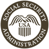 Social Security Administration seal: eagle above USA and vertical lines, text 
