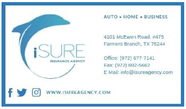 A business card for a company called isure insurance agency