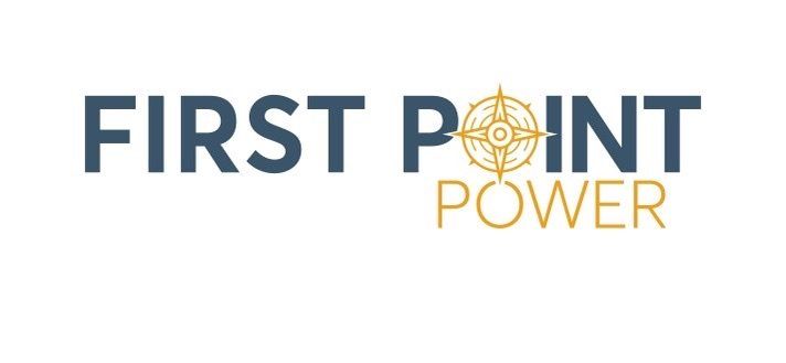 A logo for first point power with a compass on it.