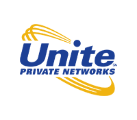 The unite private networks logo is blue and yellow.