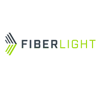 The fiberlight logo is a green and black logo with an arrow pointing to the right.